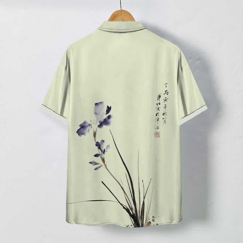 Buddha Stones Chemise à manches courtes respirante pour homme, ornée de boutons à motif de calligraphie florale à l'encre - image 6