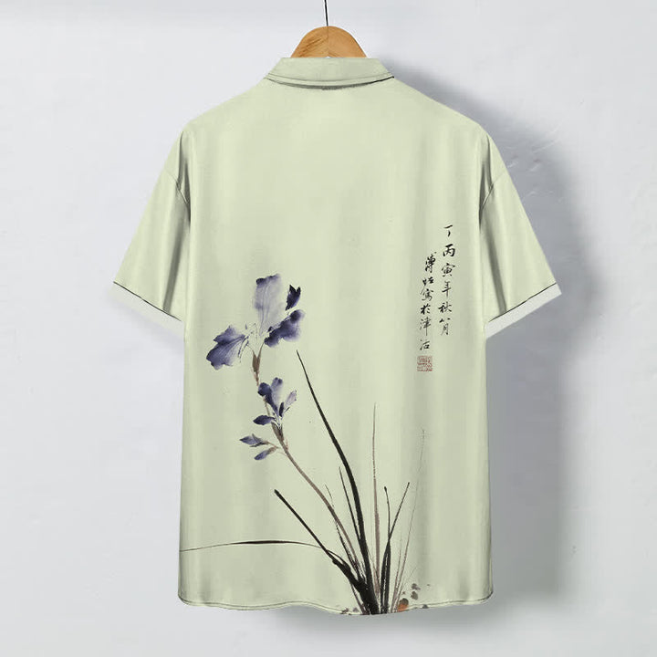 Buddha Stones Chemise à manches courtes respirante pour homme, ornée de boutons à motif de calligraphie florale à l'encre - image 6