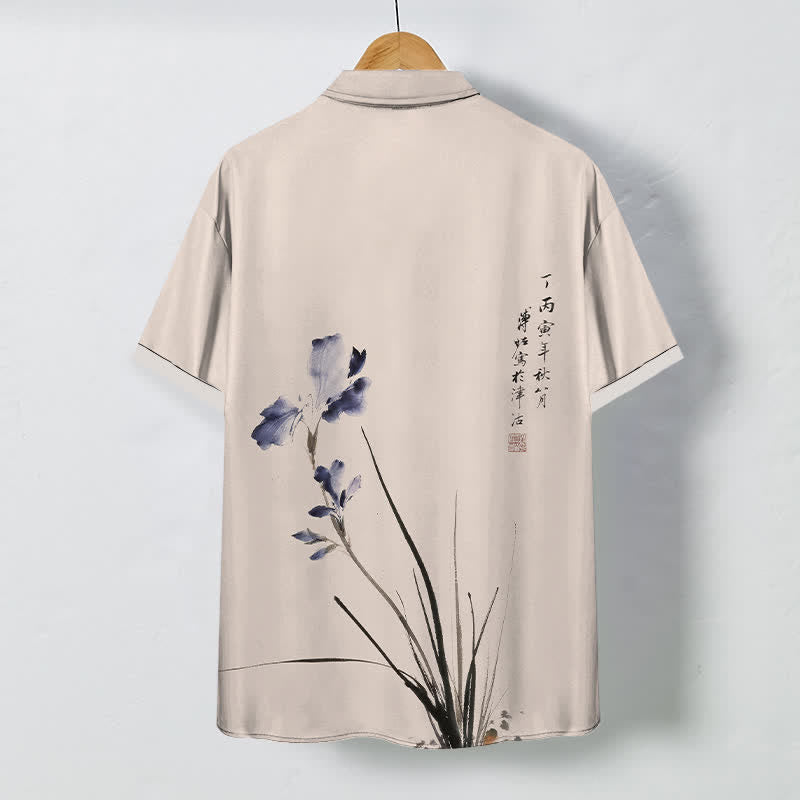Buddha Stones Chemise à manches courtes respirante pour homme, ornée de boutons à motif de calligraphie florale à l'encre - image 8