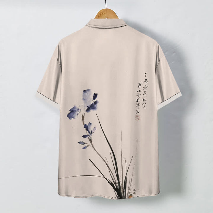 Buddha Stones Chemise à manches courtes respirante pour homme, ornée de boutons à motif de calligraphie florale à l'encre - image 8