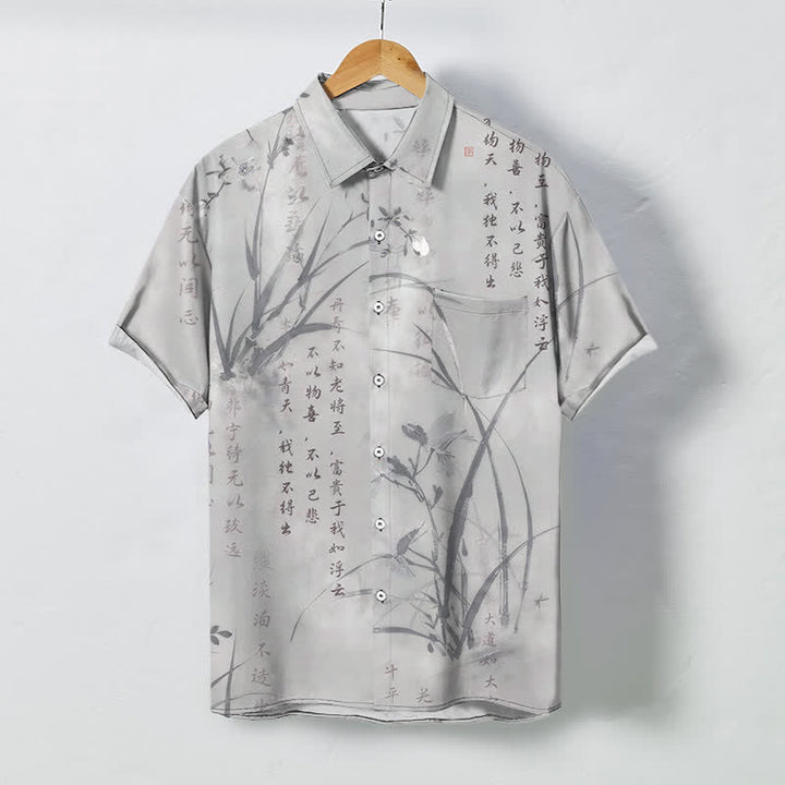 Buddha Stones Chemise à manches courtes respirante pour homme, ornée de boutons à motif calligraphie bambou et encre. - Gris clair - US/UK/AU48，EU58 (4XL) - image 5