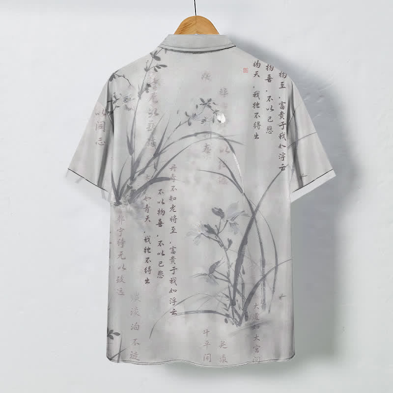 Buddha Stones Chemise à manches courtes respirante pour homme, ornée de boutons à motif calligraphie bambou et encre. - image 6