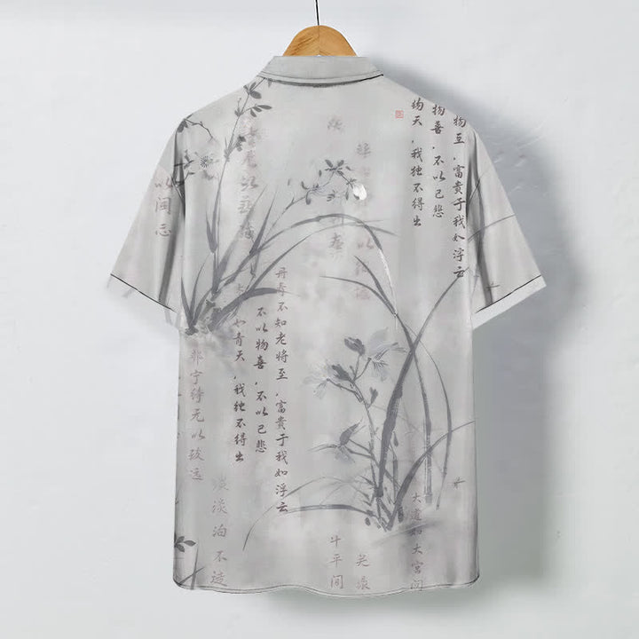 Buddha Stones Chemise à manches courtes respirante pour homme, ornée de boutons à motif calligraphie bambou et encre. - image 6