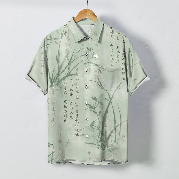 Buddha Stones Chemise à manches courtes respirante pour homme, ornée de boutons à motif calligraphie bambou et encre. - Melon miellat - US/UK/AU48，EU58 (4XL) - image 7
