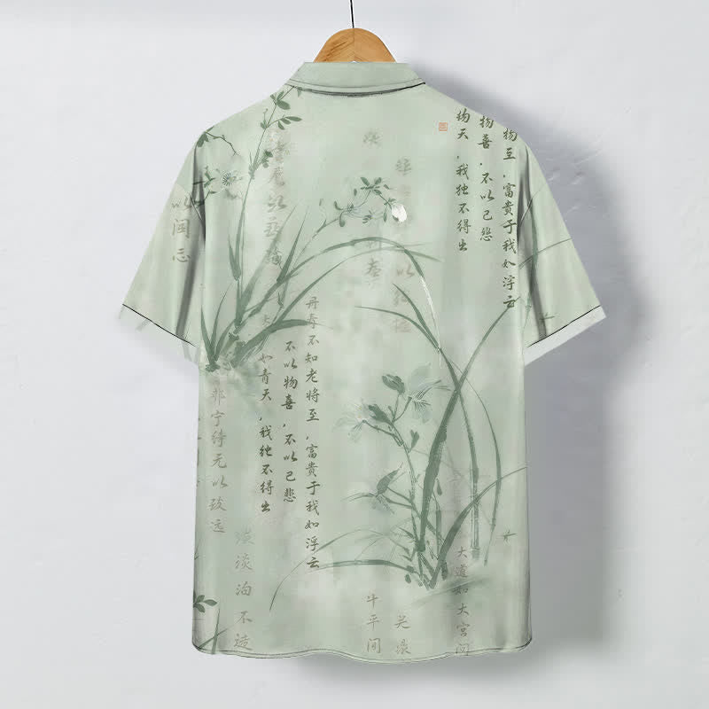 Buddha Stones Chemise à manches courtes respirante pour homme, ornée de boutons à motif calligraphie bambou et encre. - image 8