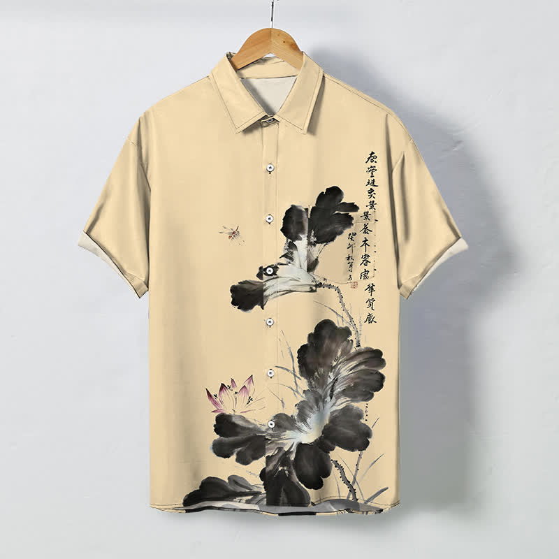 Buddha Stones Chemise à manches courtes respirante pour homme, ornée de boutons à motif floral calligraphique à l'encre - Blé - US/UK/AU48，EU58 (4XL) - image 5