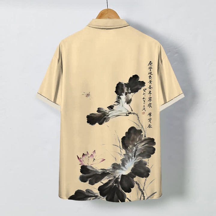 Buddha Stones Chemise à manches courtes respirante pour homme, ornée de boutons à motif floral calligraphique à l'encre - image 6