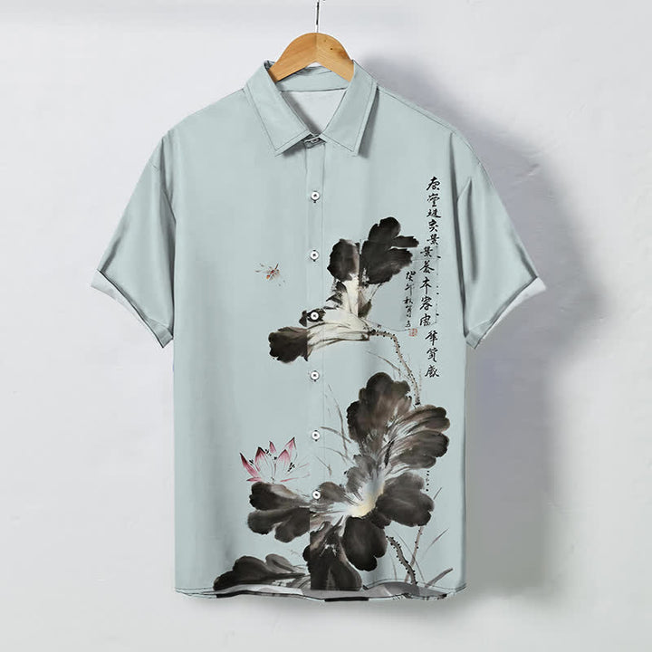 Buddha Stones Chemise à manches courtes respirante pour homme, ornée de boutons à motif floral calligraphique à l'encre - Bleu clair - US/UK/AU48，EU58 (4XL) - image 7