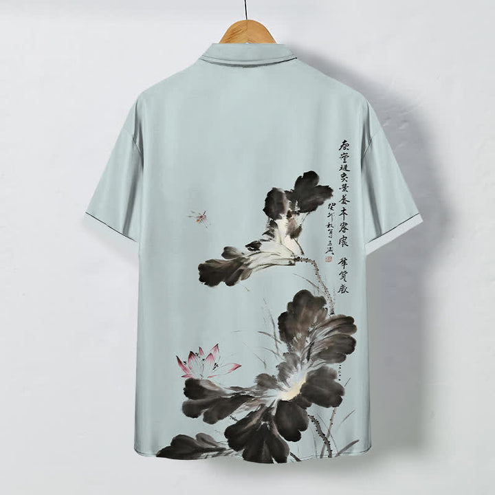 Buddha Stones Chemise à manches courtes respirante pour homme, ornée de boutons à motif floral calligraphique à l'encre - image 8