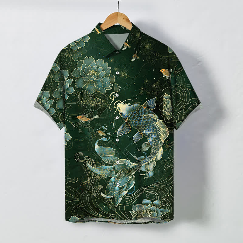 Buddha Stones Chemise à manches courtes respirante pour homme, à boutons et motif lotus et carpes koï bleues - Vert foncé - US/UK/AU48，EU58 (4XL) - image 5