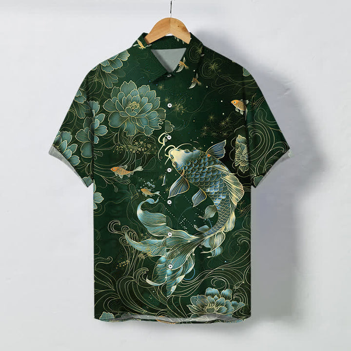 Buddha Stones Chemise à manches courtes respirante pour homme, à boutons et motif lotus et carpes koï bleues - Vert foncé - US/UK/AU48，EU58 (4XL) - image 5
