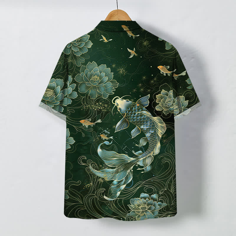 Buddha Stones Chemise à manches courtes respirante pour homme, à boutons et motif lotus et carpes koï bleues - image 6