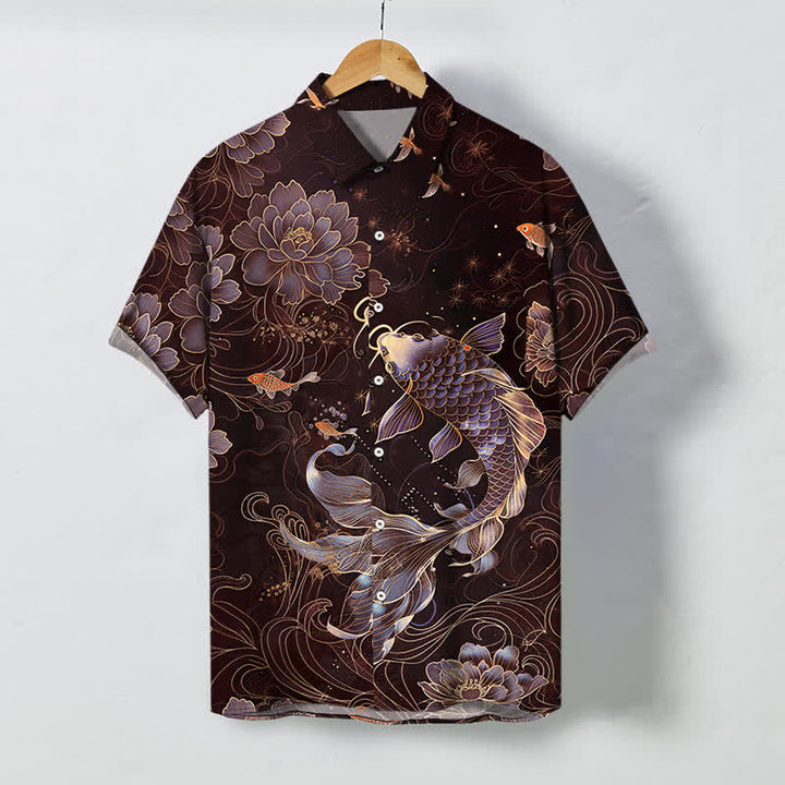 Buddha Stones Chemise à manches courtes respirante pour homme, à boutons et motif lotus et carpes koï bleues - Bordeaux - US/UK/AU48，EU58 (4XL) - image 7