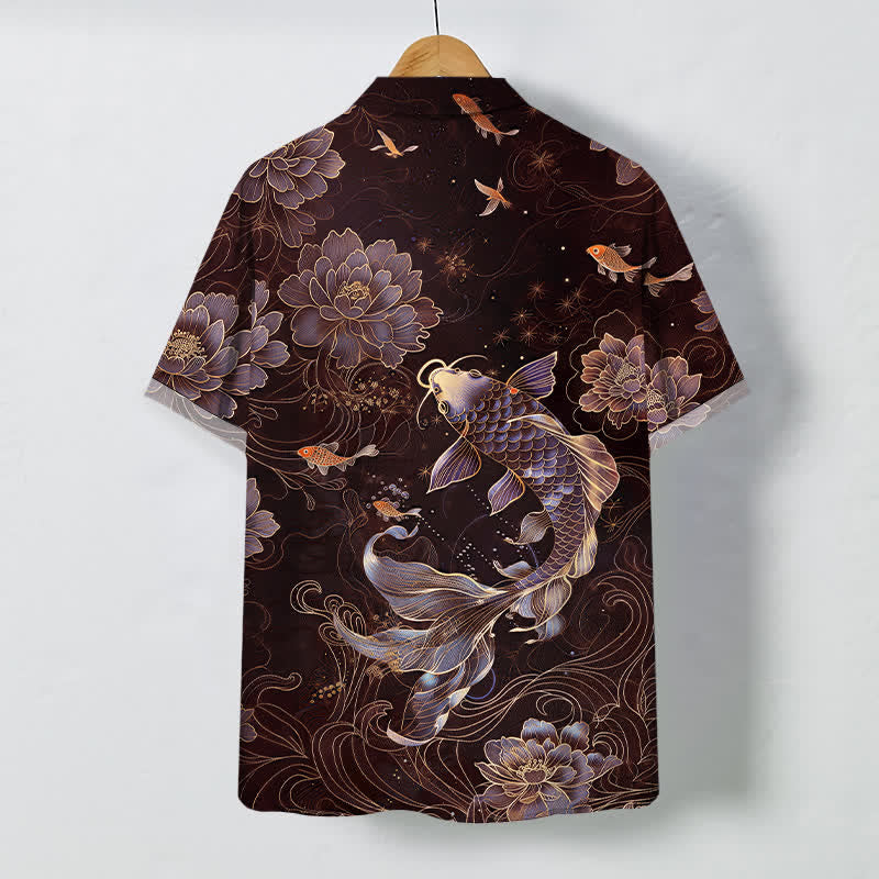 Buddha Stones Chemise à manches courtes respirante pour homme, à boutons et motif lotus et carpes koï bleues - image 8