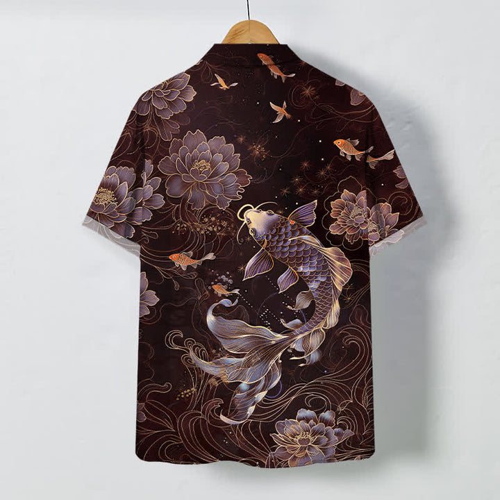 Buddha Stones Chemise à manches courtes respirante pour homme, à boutons et motif lotus et carpes koï bleues - image 8