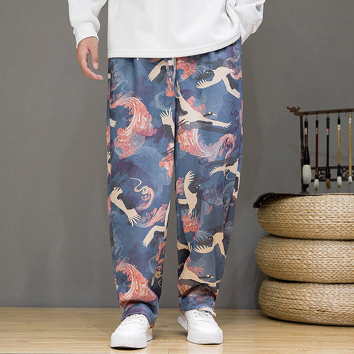 Buddha Stones Pantalon harem homme printemps-été décontracté à cordon de serrage, imprimé grues, cheville, avec poches - image 7