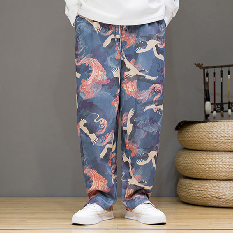 Buddha Stones Pantalon harem homme printemps-été décontracté à cordon de serrage, imprimé grues, cheville, avec poches - image 2