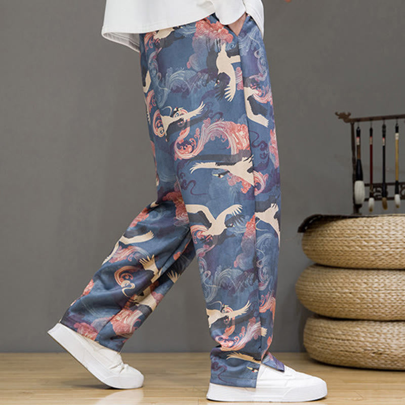Buddha Stones Pantalon harem homme printemps-été décontracté à cordon de serrage, imprimé grues, cheville, avec poches - image 5