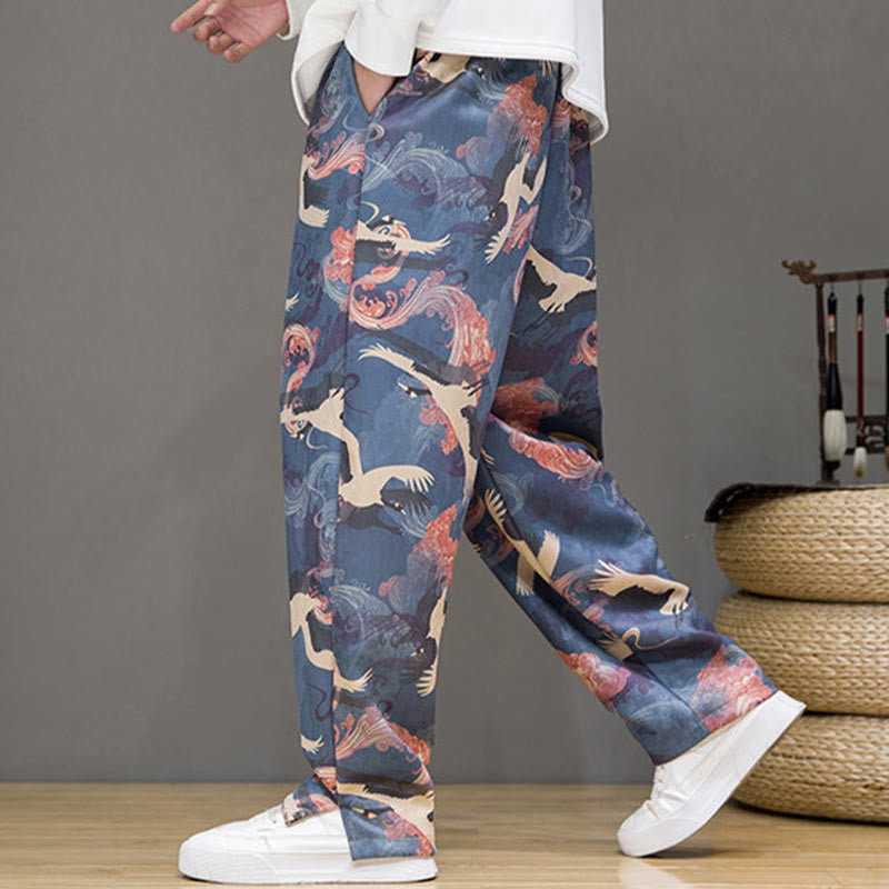 Buddha Stones Pantalon harem homme printemps-été décontracté à cordon de serrage, imprimé grues, cheville, avec poches - image 6