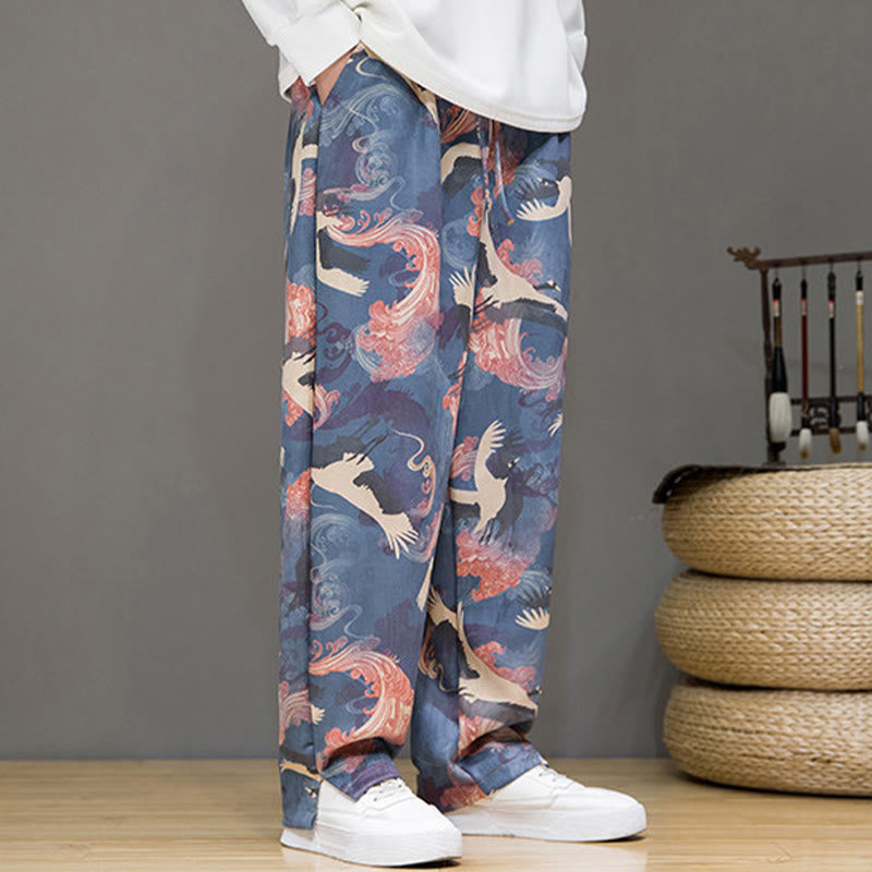 Buddha Stones Pantalon harem homme printemps-été décontracté à cordon de serrage, imprimé grues, cheville, avec poches - image 3