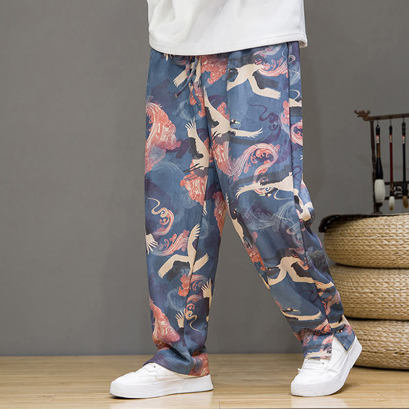 Buddha Stones Pantalon harem homme printemps-été décontracté à cordon de serrage, imprimé grues, cheville, avec poches - image 1