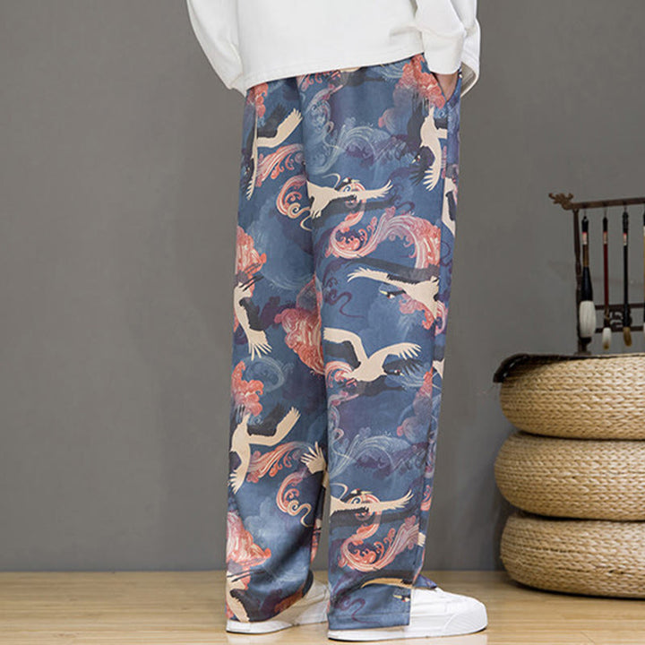 Buddha Stones Pantalon harem homme printemps-été décontracté à cordon de serrage, imprimé grues, cheville, avec poches - image 4