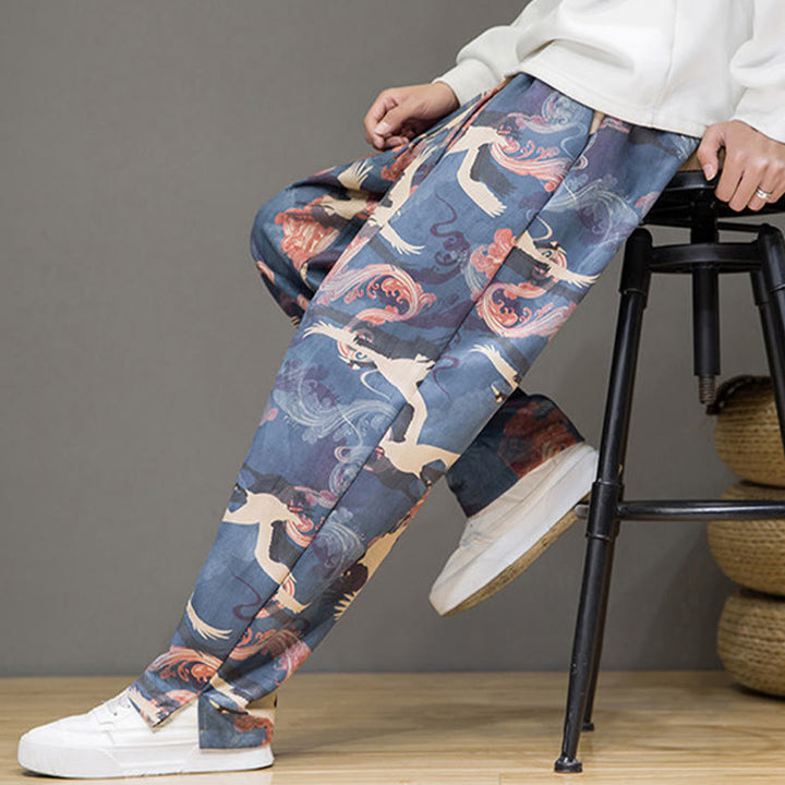 Buddha Stones Pantalon harem homme printemps-été décontracté à cordon de serrage, imprimé grues, cheville, avec poches - image 8