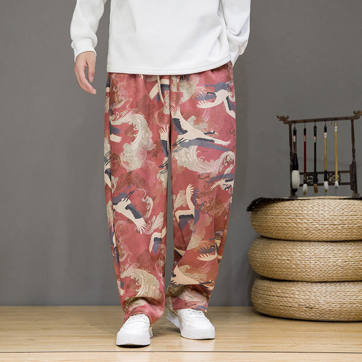 Buddha Stones Pantalon harem homme printemps-été décontracté à cordon de serrage, imprimé grues, cheville, avec poches - image 11