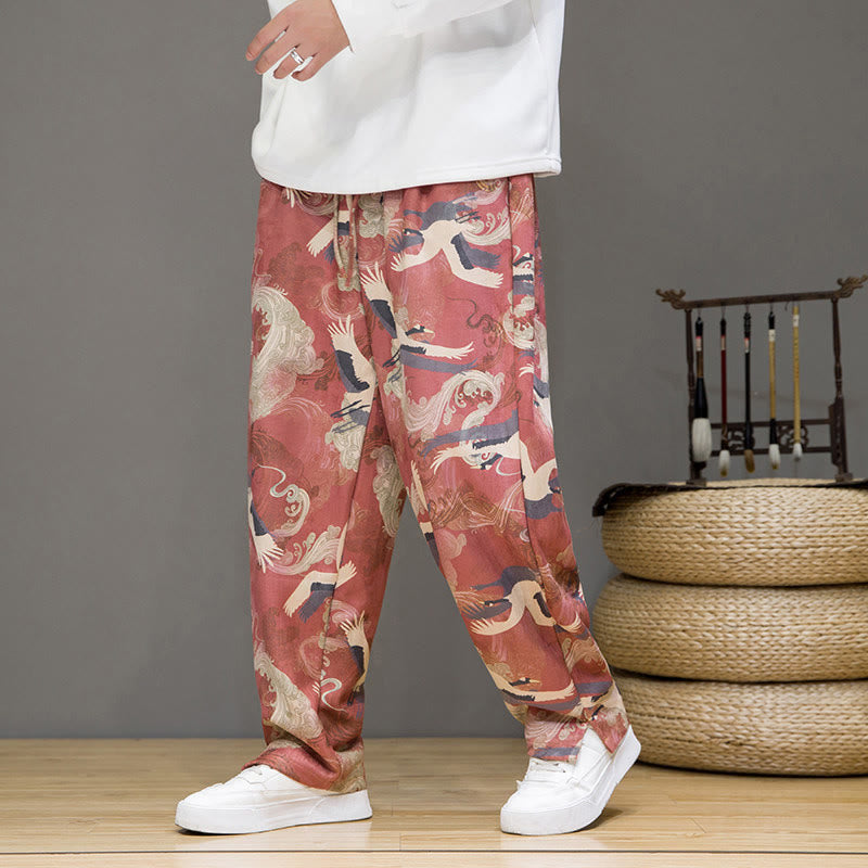 Buddha Stones Pantalon harem homme printemps-été décontracté à cordon de serrage, imprimé grues, cheville, avec poches - Rouge indien - US/UK/AU44，EU54 (4XL) - image 9