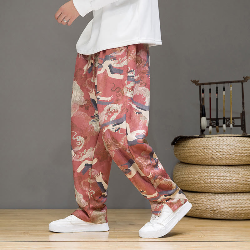 Buddha Stones Pantalon harem homme printemps-été décontracté à cordon de serrage, imprimé grues, cheville, avec poches - image 14