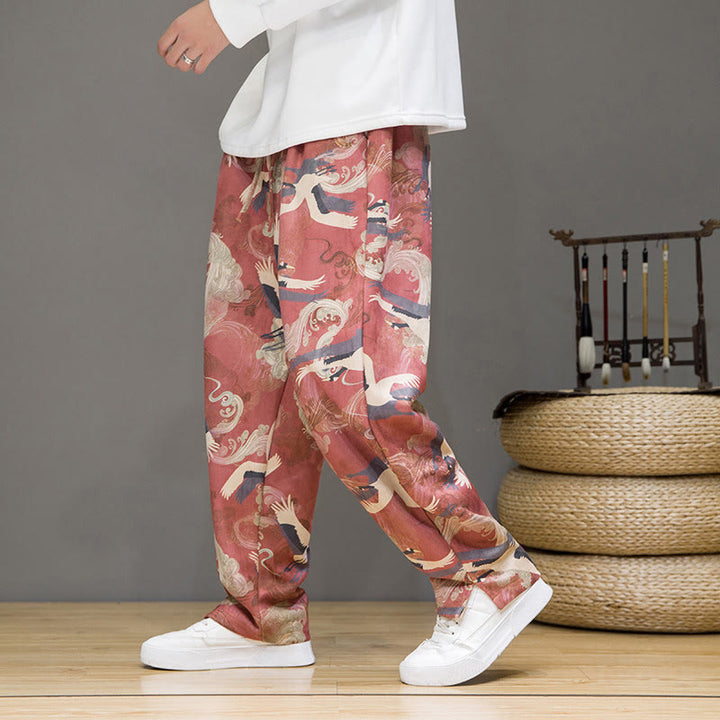 Buddha Stones Pantalon harem homme printemps-été décontracté à cordon de serrage, imprimé grues, cheville, avec poches - image 14