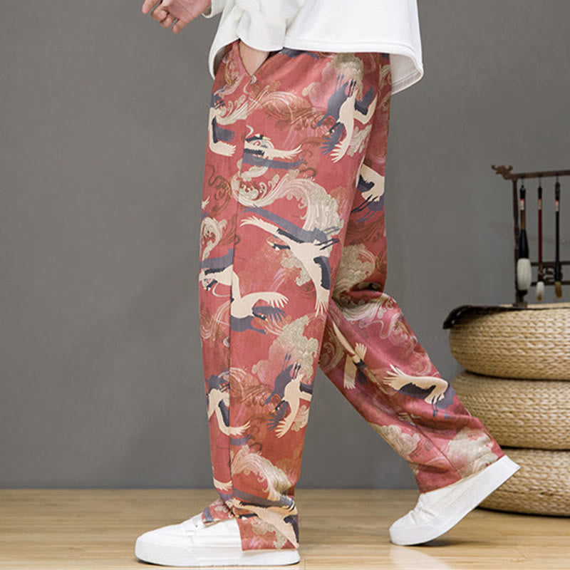 Buddha Stones Pantalon harem homme printemps-été décontracté à cordon de serrage, imprimé grues, cheville, avec poches - image 17
