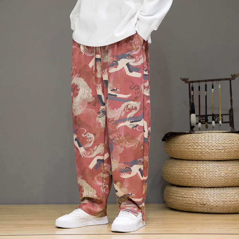 Buddha Stones Pantalon harem homme printemps-été décontracté à cordon de serrage, imprimé grues, cheville, avec poches - image 15