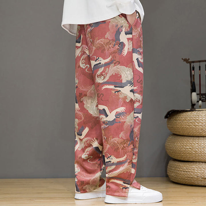 Buddha Stones Pantalon harem homme printemps-été décontracté à cordon de serrage, imprimé grues, cheville, avec poches - image 13