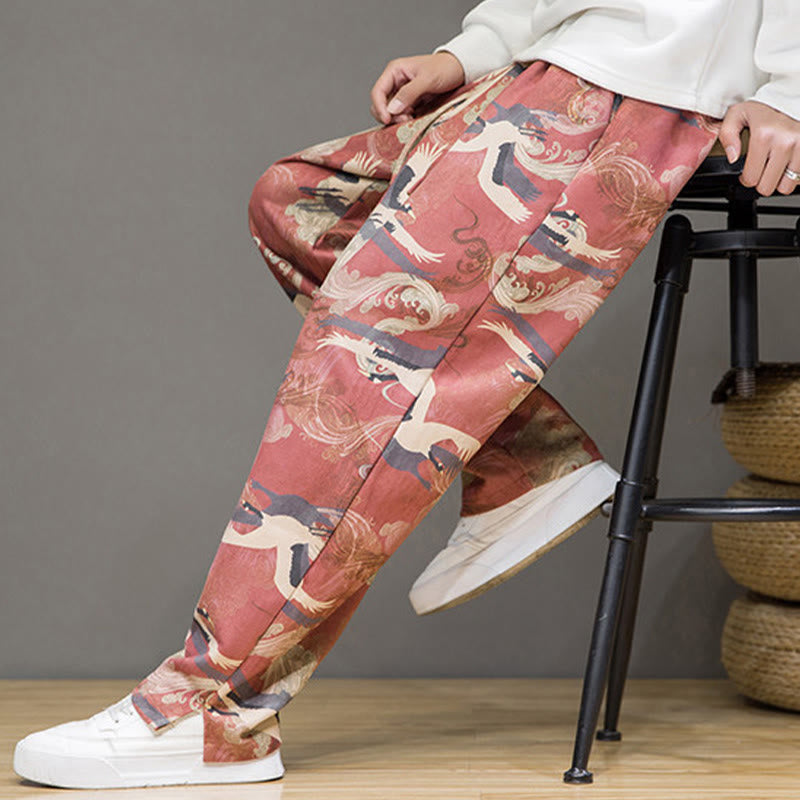 Buddha Stones Pantalon harem homme printemps-été décontracté à cordon de serrage, imprimé grues, cheville, avec poches - image 19