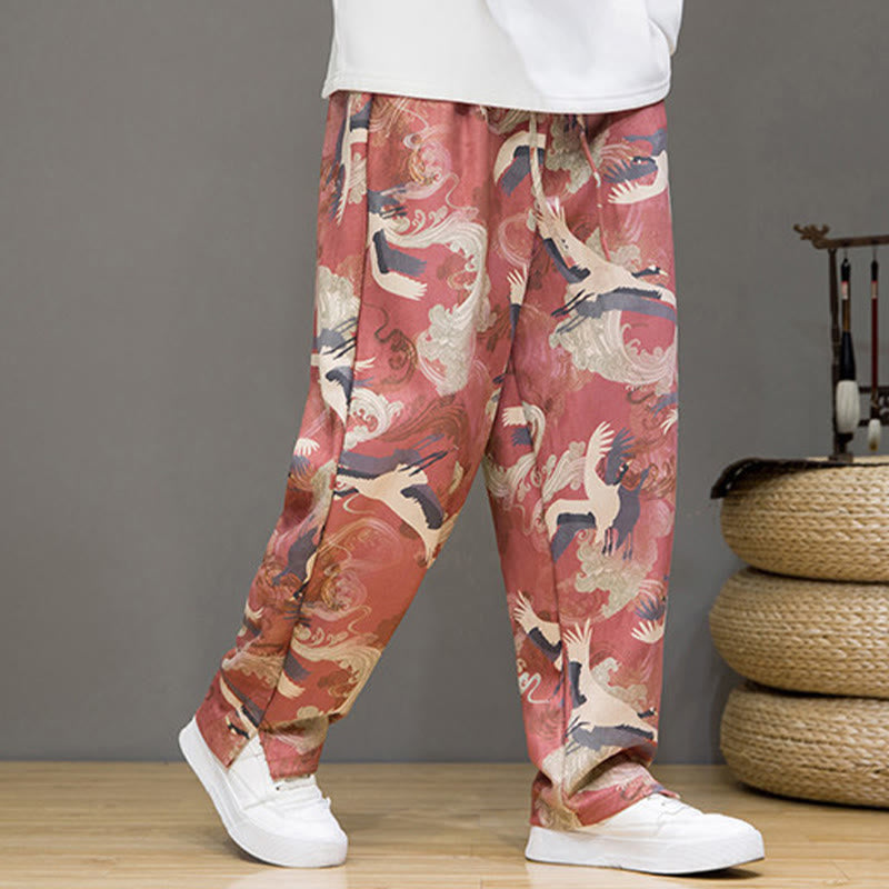 Buddha Stones Pantalon harem homme printemps-été décontracté à cordon de serrage, imprimé grues, cheville, avec poches - image 10