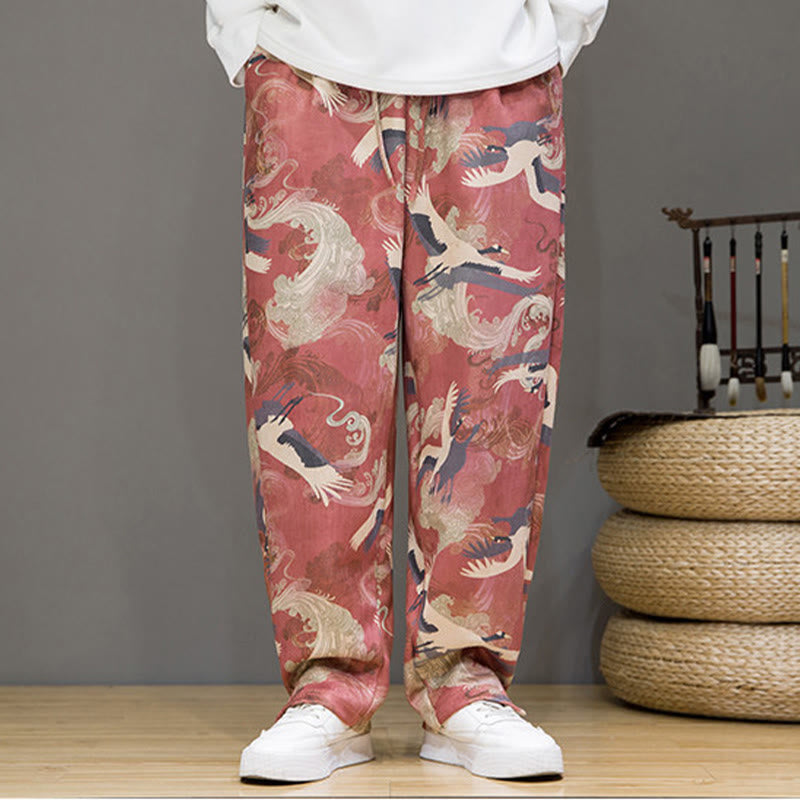 Buddha Stones Pantalon harem homme printemps-été décontracté à cordon de serrage, imprimé grues, cheville, avec poches - image 16