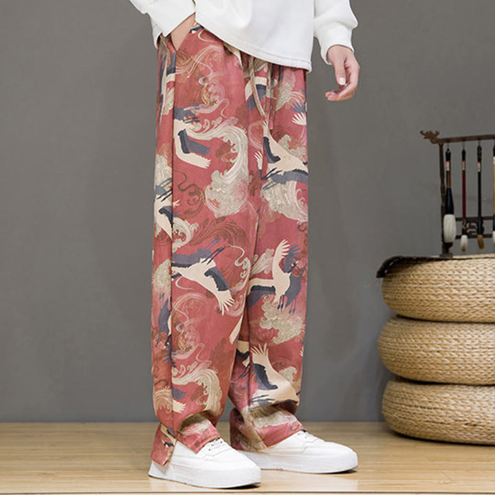 Buddha Stones Pantalon harem homme printemps-été décontracté à cordon de serrage, imprimé grues, cheville, avec poches - image 12