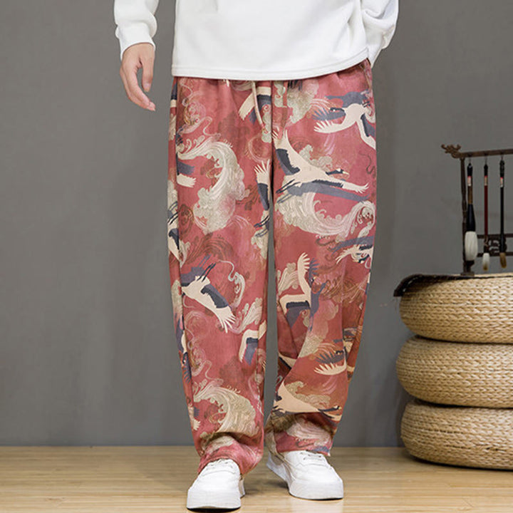Buddha Stones Pantalon harem homme printemps-été décontracté à cordon de serrage, imprimé grues, cheville, avec poches - image 18