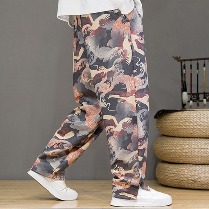Buddha Stones Pantalon harem homme printemps-été décontracté à cordon de serrage, imprimé grues, cheville, avec poches - image 22