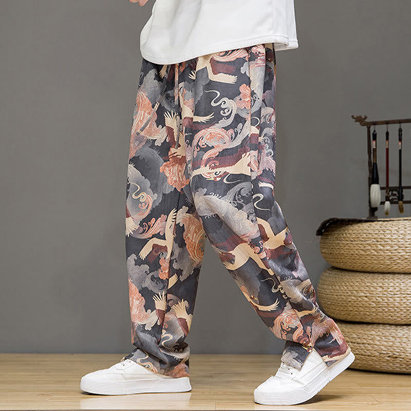 Buddha Stones Pantalon harem homme printemps-été décontracté à cordon de serrage, imprimé grues, cheville, avec poches - Gris - US/UK/AU44，EU54 (4XL) - image 20