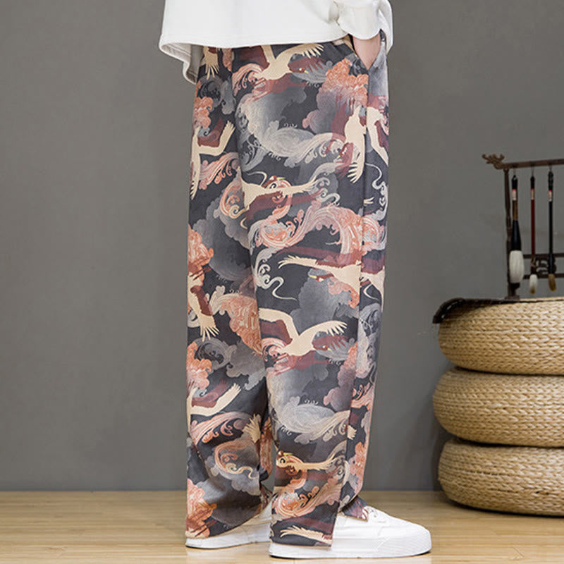 Buddha Stones Pantalon harem homme printemps-été décontracté à cordon de serrage, imprimé grues, cheville, avec poches - image 23