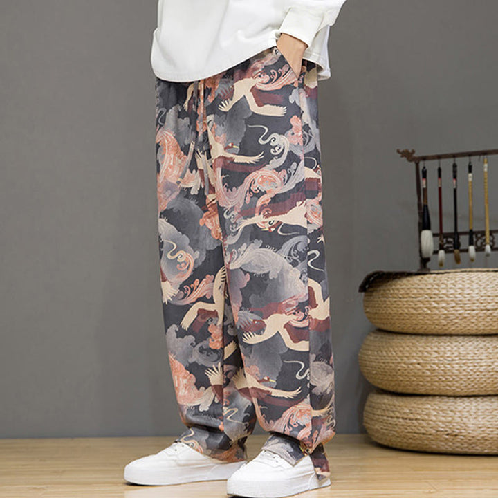 Buddha Stones Pantalon harem homme printemps-été décontracté à cordon de serrage, imprimé grues, cheville, avec poches - image 25