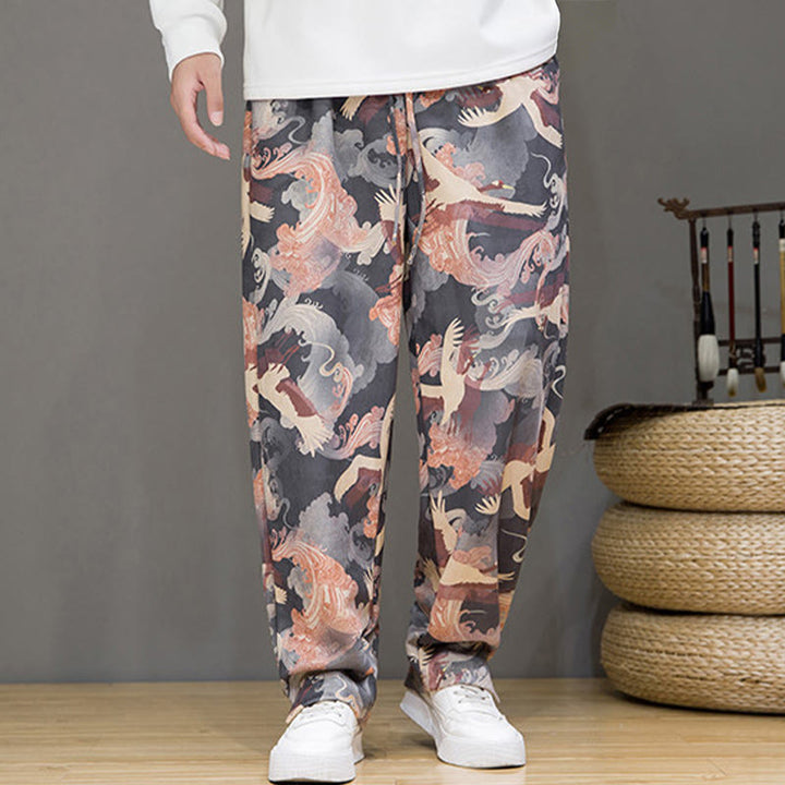 Buddha Stones Pantalon harem homme printemps-été décontracté à cordon de serrage, imprimé grues, cheville, avec poches - image 21