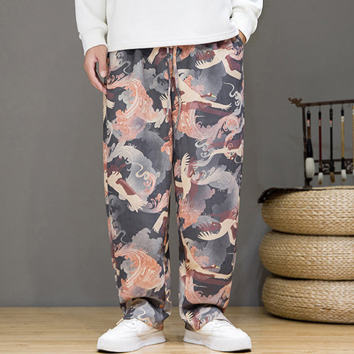 Buddha Stones Pantalon harem homme printemps-été décontracté à cordon de serrage, imprimé grues, cheville, avec poches - image 26