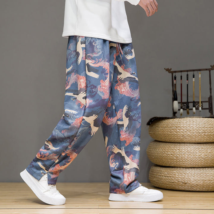 Buddha Stones Pantalon harem homme printemps-été décontracté à cordon de serrage, imprimé grues, cheville, avec poches - Bleu acier clair - US/UK/AU44，EU54 (4XL) - image 0
