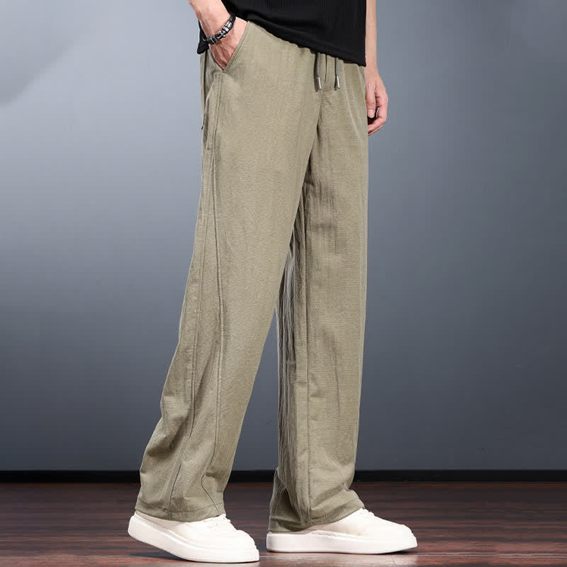 Buddha Stones Pantalon long uni style minimaliste décontracté printemps-été, taille élastique avec cordon de serrage, jambes droites et poches. - image 1