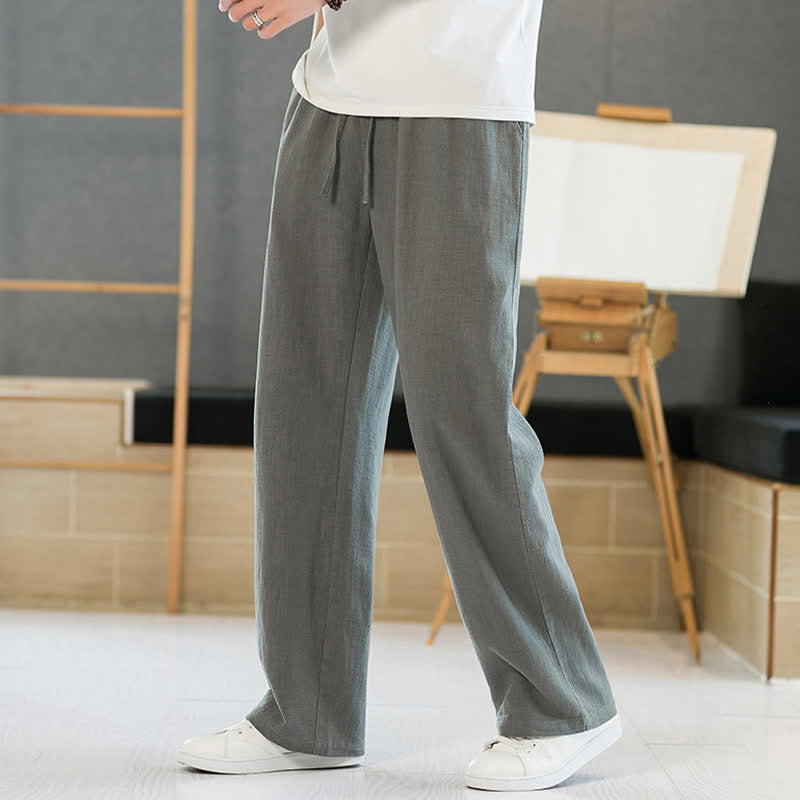 Buddha Stones Pantalon long uni à cordon de serrage, coupe droite, style minimaliste, idéal pour le printemps et l'été, avec poches. - image 1
