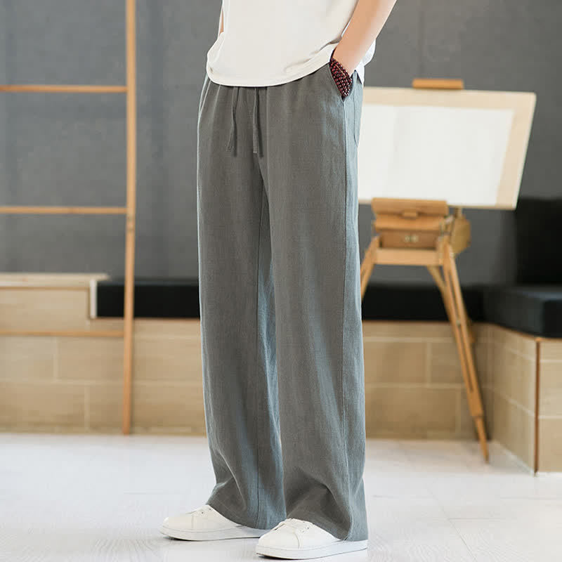 Buddha Stones Pantalon long uni à cordon de serrage, coupe droite, style minimaliste, idéal pour le printemps et l'été, avec poches. - Gris - US/UK/AU46，EU56 (5XL) - image 0