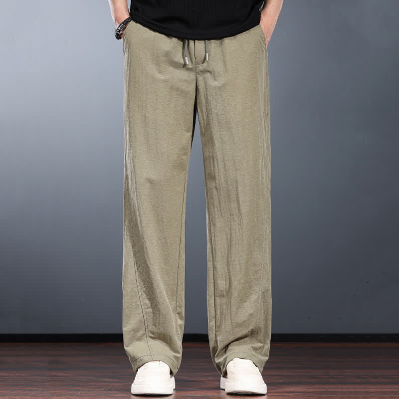 Buddha Stones Pantalon long uni style minimaliste décontracté printemps-été, taille élastique avec cordon de serrage, jambes droites et poches. - Tanné - US/UK/AU44，EU54 (4XL) - image 0
